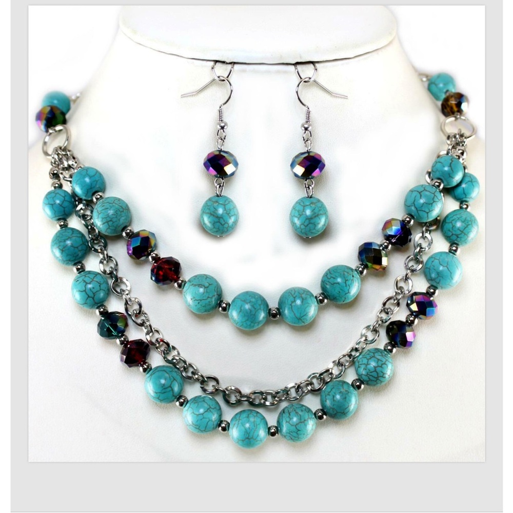 Necklace Earrings Turquoise Silver Women's 21"L Multi Layer Bead Chain Set